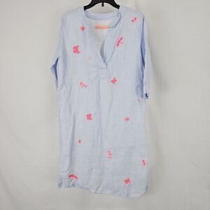 Vilagallo Blue White Pin Stripe Linen Women's Size 36 US 4 Butterfly Embroidered